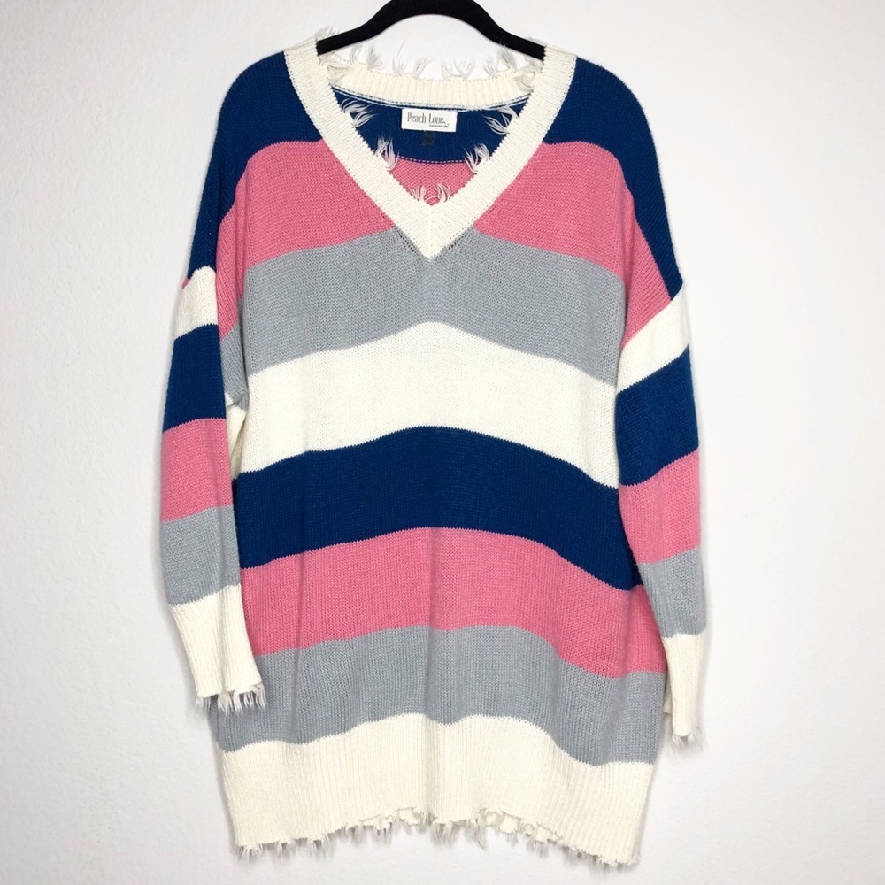 CLEARANCE✨ Peach Love Frayed Pink Stripe Oversize Sweater S Preppy Coastal